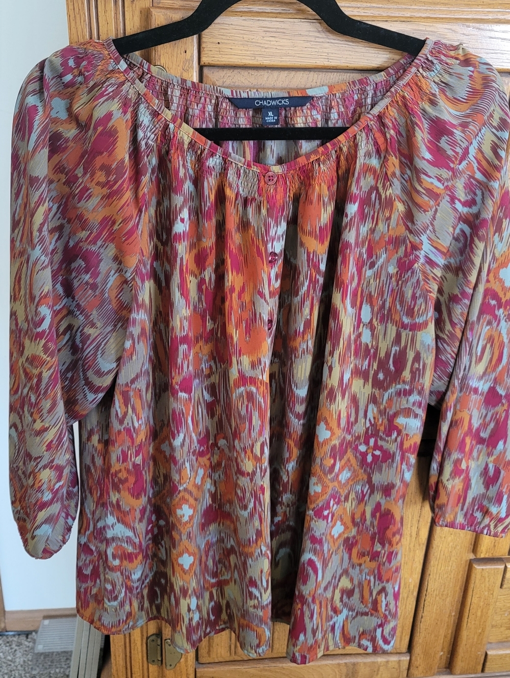 Chadwicks Multicolor Printed Peasant Blouse - Pink, Orange, Tan